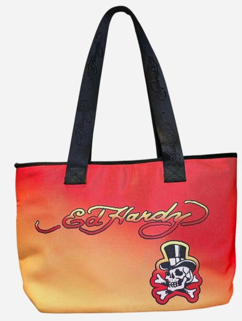 Ed Hardy Red Orange Skull & Rose Tote with Black Straps - Picture 4 of 6